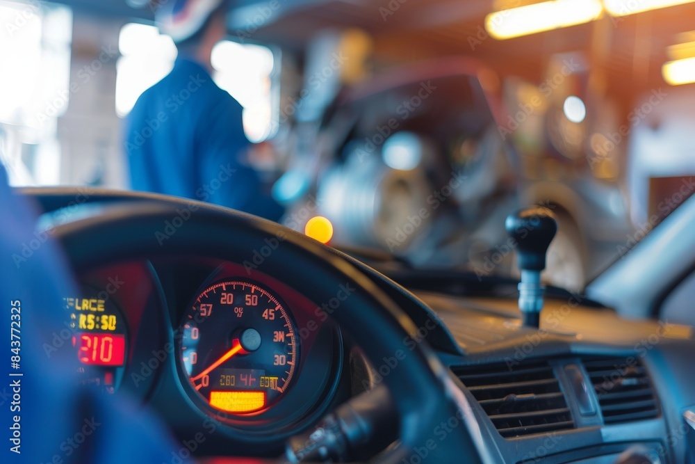 Obraz premium Dashboard Warning Lights Indicating Car Maintenance Needs with Mechanic in Background