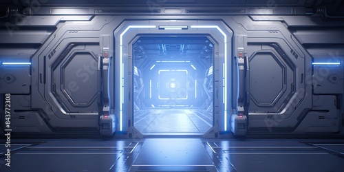 A futuristic door with a strong sense of futurism with blue light neon view. Space future technology sci fi background scene