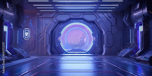Fototapeta Naklejka Na Ścianę i Meble -  A futuristic door with a strong sense of futurism with blue light neon view. Space future technology sci fi background scene