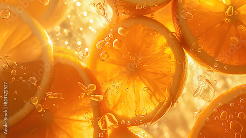 Background with orange slices in water with water drops and sunlight. Summer orange fruit background.