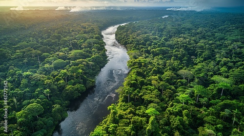 A lush forest with a river flowing through it, tainted by chemical discharge from an upstream factory, demonstrating the impact of industrial waste on freshwater ecosystems and the need for stringent
