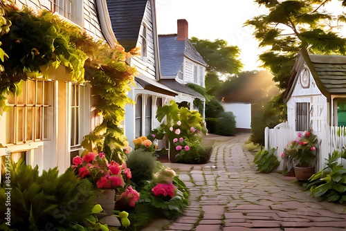 Cobbled Road Lined With Houses and Flowers