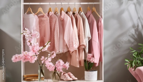  Modern wardrobe with stylish spring clothes and accessories