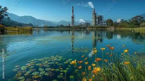 A serene landscape with a pristine lake, tainted by the presence of a factory discharging wastewater, showcasing the impact of industrial activities on natural water bodies and the need for pollution