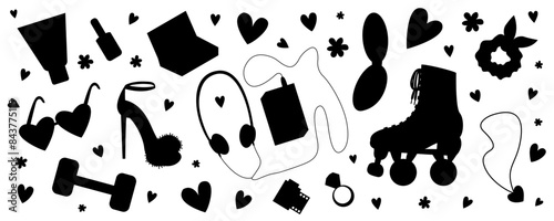 Retro 90s elements set in black silhouettes. Vector barbiecore black silhouette set