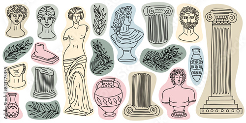 Vector set of Greek marble statues in sketch style. Antique sculpture hand drawn line set Woman body, heads, foot, olive branch, vases and columns