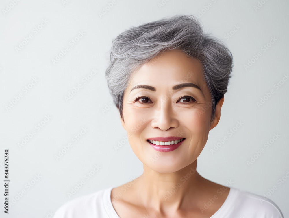 Elderly oriental woman with smooth healthy facial skin. Beautiful aging mature woman with gray short hair, happy face. Concept of advertising beauty and cosmetics for women's skin care. Copy space. Elderly oriental woman with smooth healthy facial skin. Beautiful aging mature woman with gray short hair, happy face. Concept of advertising beauty and cosmetics for women's skin care. Copy space.