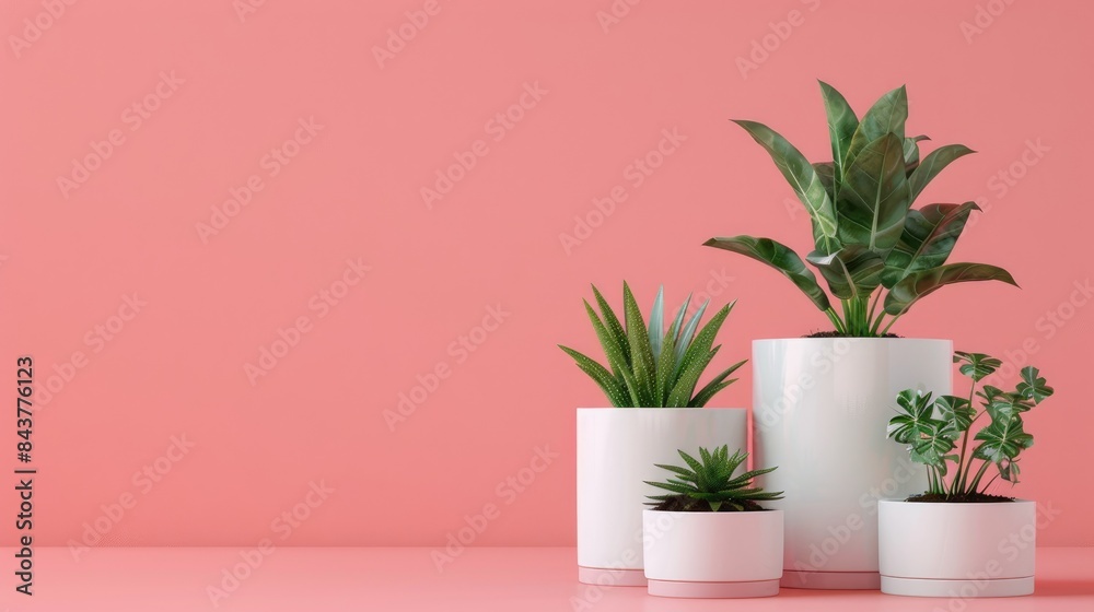 Beautiful plants in minimalist white pots on a pastel pink background, with ample space at the top for text. Beautiful plants in minimalist white pots on a pastel pink background, with ample space at the top for text.