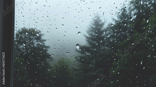 Rain on window looking at forest photo