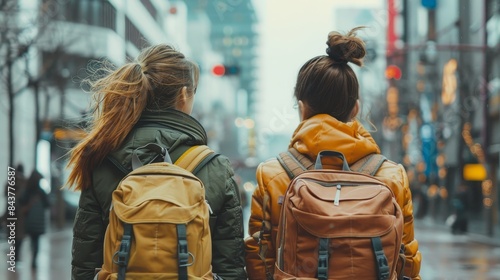 Two women walk side-by-side on a busy city street. Friendship Day