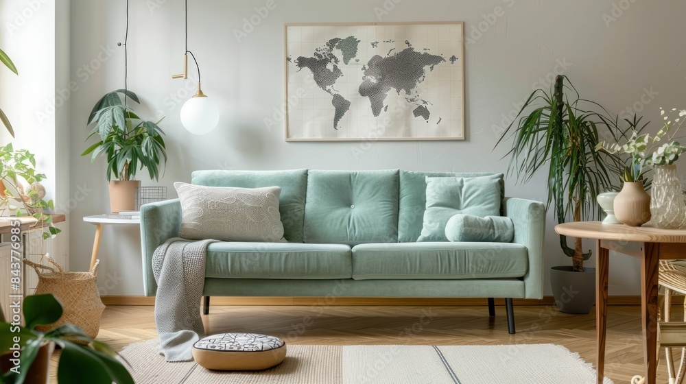 Stylish scandinavian living room with design mint sofa, furnitures, mock up poster map, plants and elegant personal accessories. Modern home decor. Open space with dining room. Template Ready to use. 