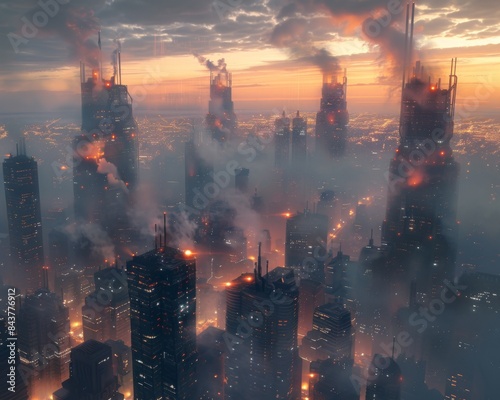 A hyperrealistic image of a futuristic city skyline at dusk with AIdriven systems emitting smoke and electricity the sky lit up by the interplay of light and dark