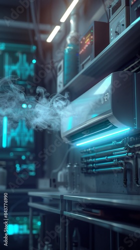 A modern air conditioner in a hightech lab releasing smoke that interacts with holographic displays with a hyperrealistic background of advanced equipment and lab personnel