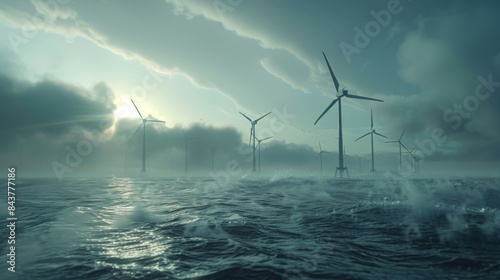 An AIpowered offshore wind farm generating electricity with smoke from maintenance drones mingling with the sea breeze the scene rendered in hyperrealistic detail