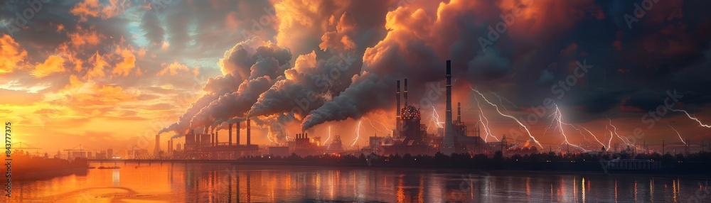 Smoke billowing from an AIcontrolled power plant with arcs of electricity lighting up the sky the scene captured in a hyperrealistic style