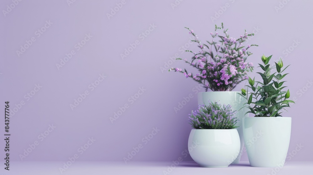 Elegant plants in white pots against a pastel lilac background, offering generous room on the right side for text. Elegant plants in white pots against a pastel lilac background, offering generous room on the right side for text.