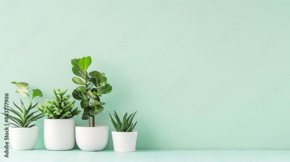 Elegant plants in white pots against a pastel mint green background, leaving room on the left side for text Elegant plants in white pots against a pastel mint green background, leaving room on the left side for text