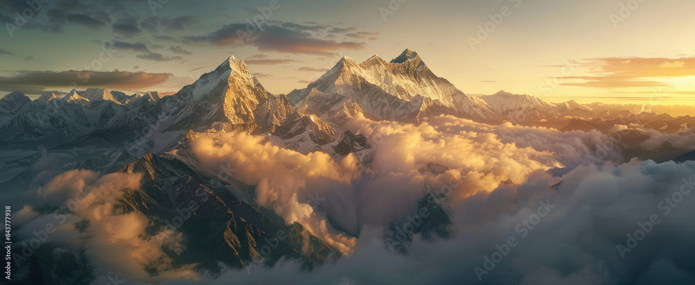 the Himalayas, mountains with snow and clouds, golden hour