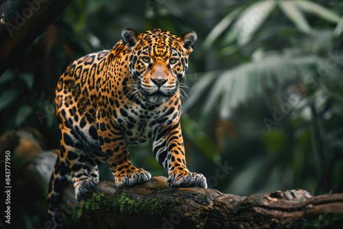 Jaguar in the Amazon Rainforest  stepping on tree branch. 