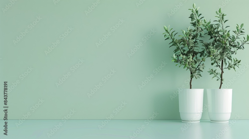 Elegant plants in white pots on a soft pastel green background, with generous space on the right side for text Elegant plants in white pots on a soft pastel green background, with generous space on the right side for text