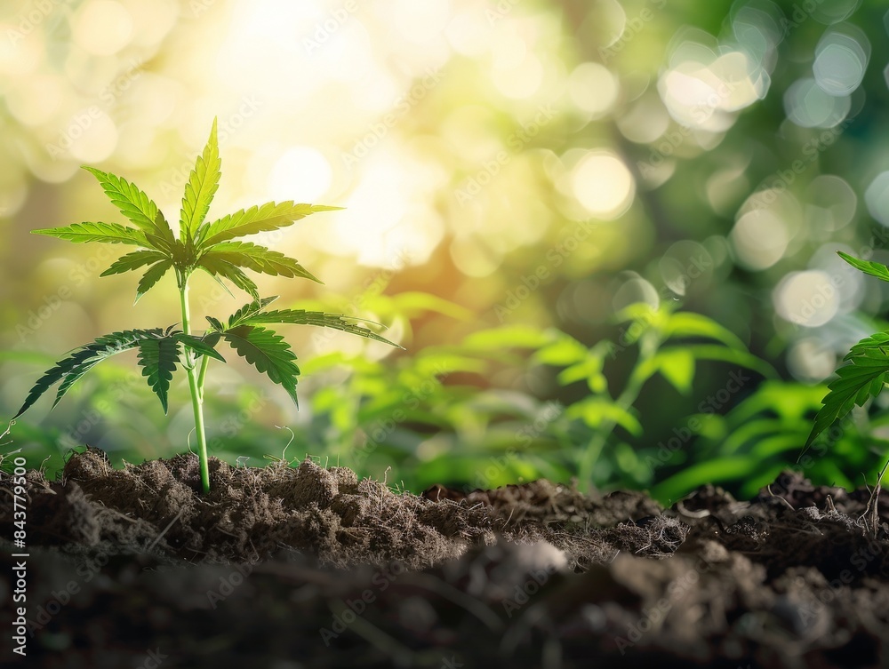 Cannabis plant seedling growing in rich soil, with sunlight filtering through the trees in the background. Cannabis plant seedling growing in rich soil, with sunlight filtering through the trees in the background.