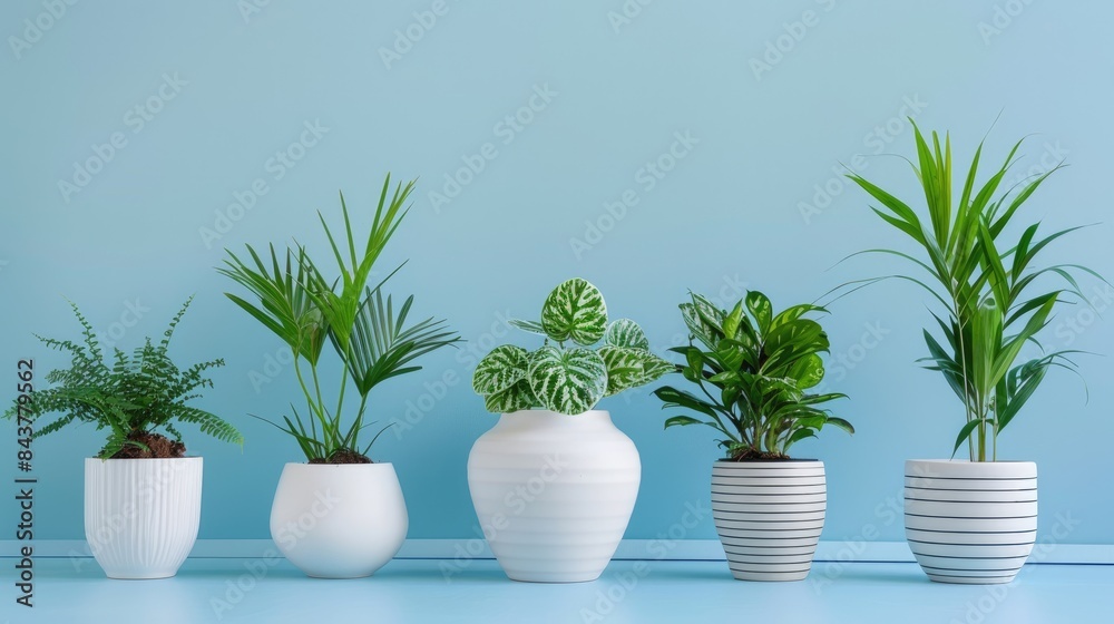 Minimalist white pots with lush plants, set against a pastel blue background, providing room in the center for text. Minimalist white pots with lush plants, set against a pastel blue background, providing room in the center for text.