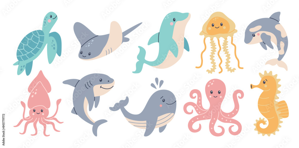 Set of hand drawn ocean creatures. Cartoon Sea animals. Vector doodle style set of sea life objects for design. Vector illustration isolated on white background