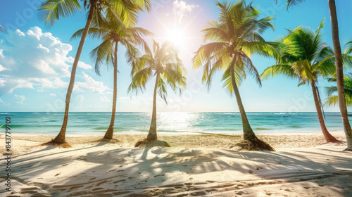 Palm tree on the beach, topical summer atmosphere, travel holiday