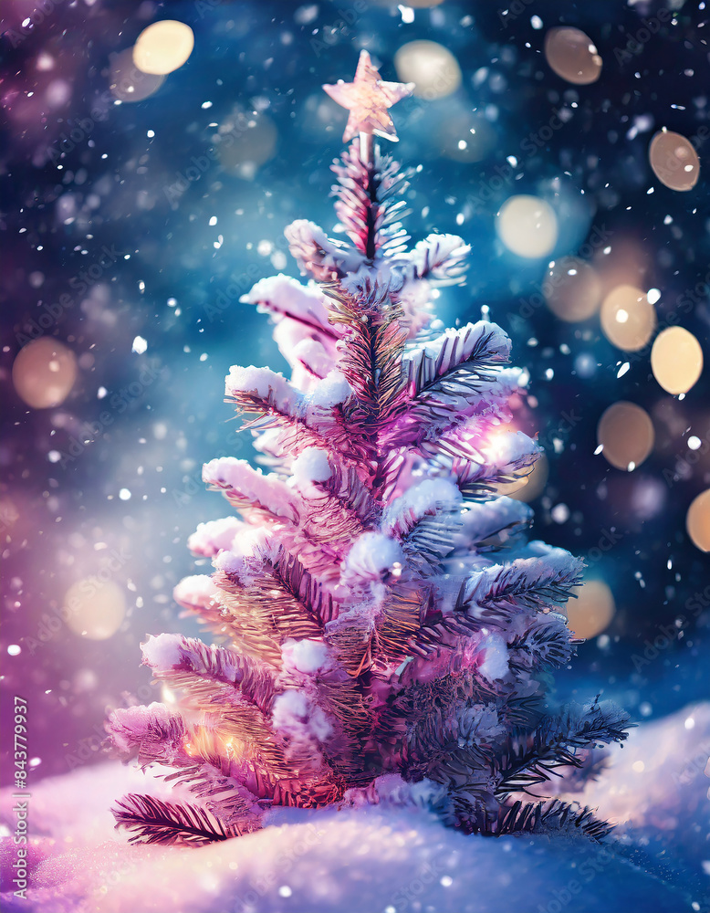 Christmas tree in snow, mystic blue and pink hues, outdoor and nature, winter season holidays vibe Christmas tree in snow, mystic blue and pink hues, outdoor and nature, winter season holidays vibe