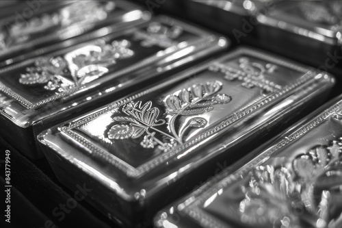 Close-up of several silver bars with embossed details, showing their purity and weight, arranged neatly on a black velvet cloth.. AI generated.