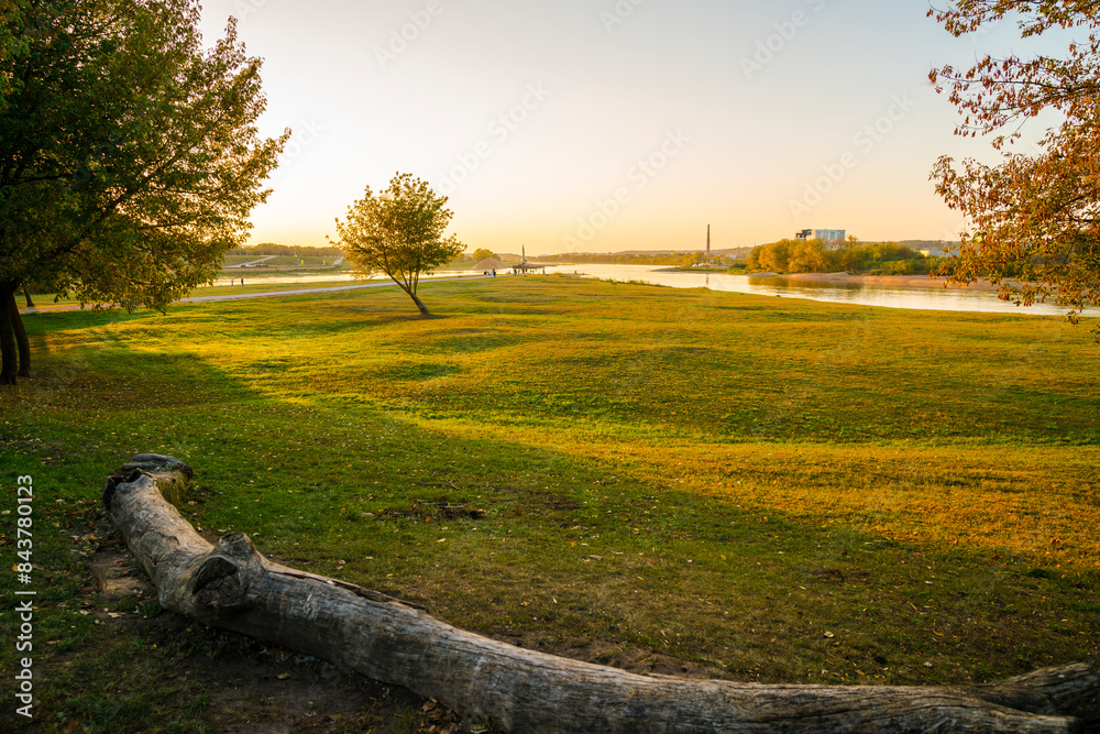 Lithuania, Stream bifurcation nature landscape of neris and neman river water in santakos park in kaunas city at sunset in summer