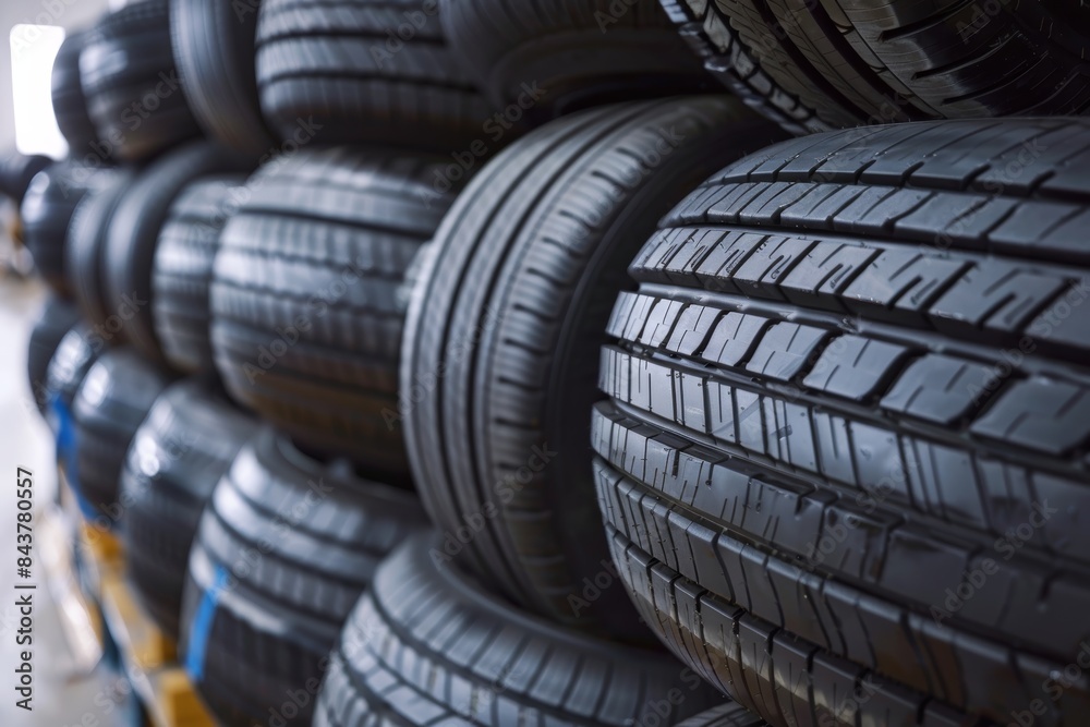 Stacked New Tires in Auto Shop - Ready for Installation, Ideal for Print, Card, Poster Design Stacked New Tires in Auto Shop - Ready for Installation, Ideal for Print, Card, Poster Design