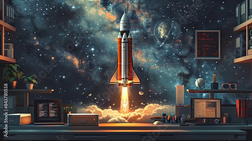 A creative workspace with a large wall mural of a rocket taking off, surrounded by motivational quotes and startup paraphernalia. Clipart illustration style, clean, Minimal, photo