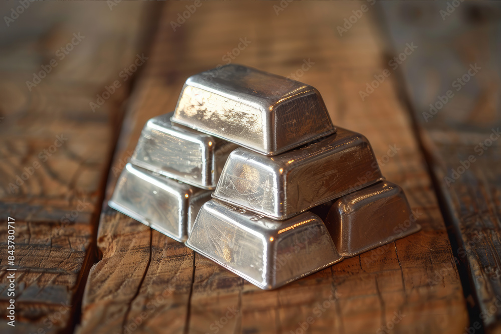 Several silver bars arranged in a pyramid shape on a wooden table, with natural daylight highlighting their polished surfaces and reflective qualities.. AI generated. Several silver bars arranged in a pyramid shape on a wooden table, with natural daylight highlighting their polished surfaces and reflective qualities.. AI generated.