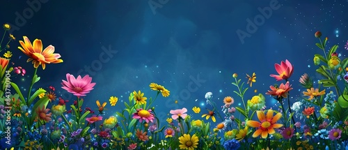 Vibrant Floral Garden Blooming at Starry Night with Cartoonish Border Design © Rudsaphon