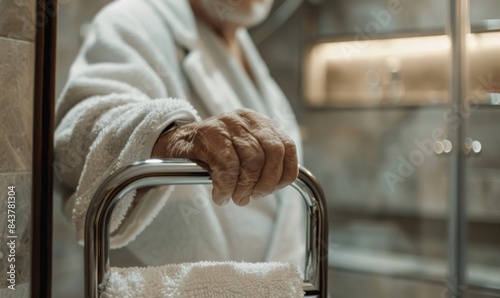 Closeup of elderly person's hand holding metal handlebar photo