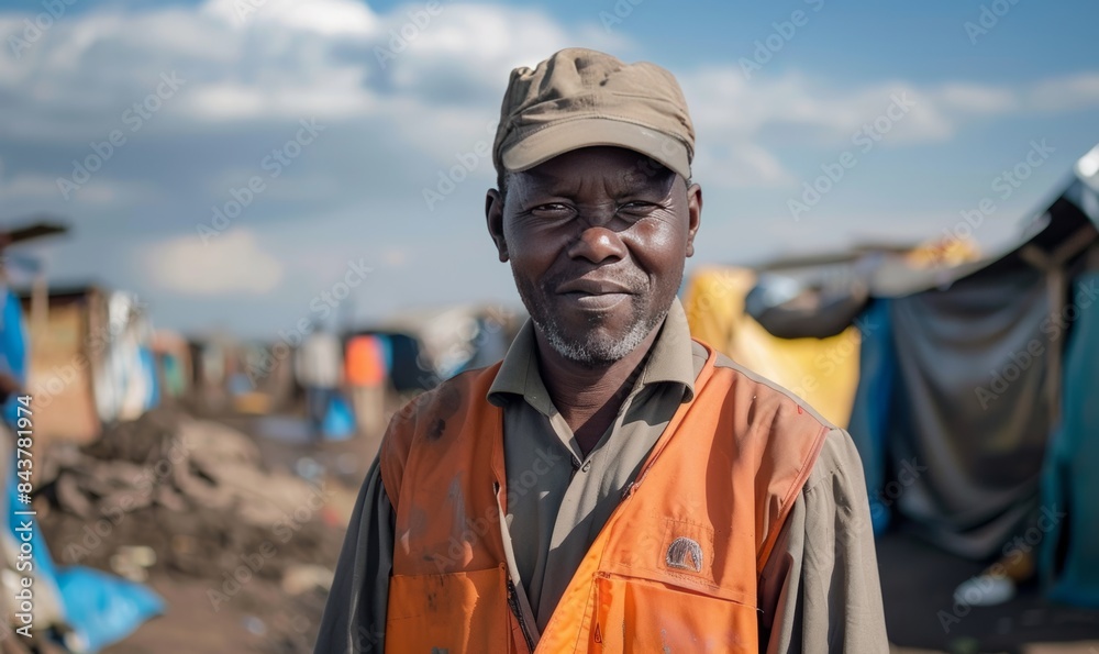African man in orange vest and baseball cap in front of slums