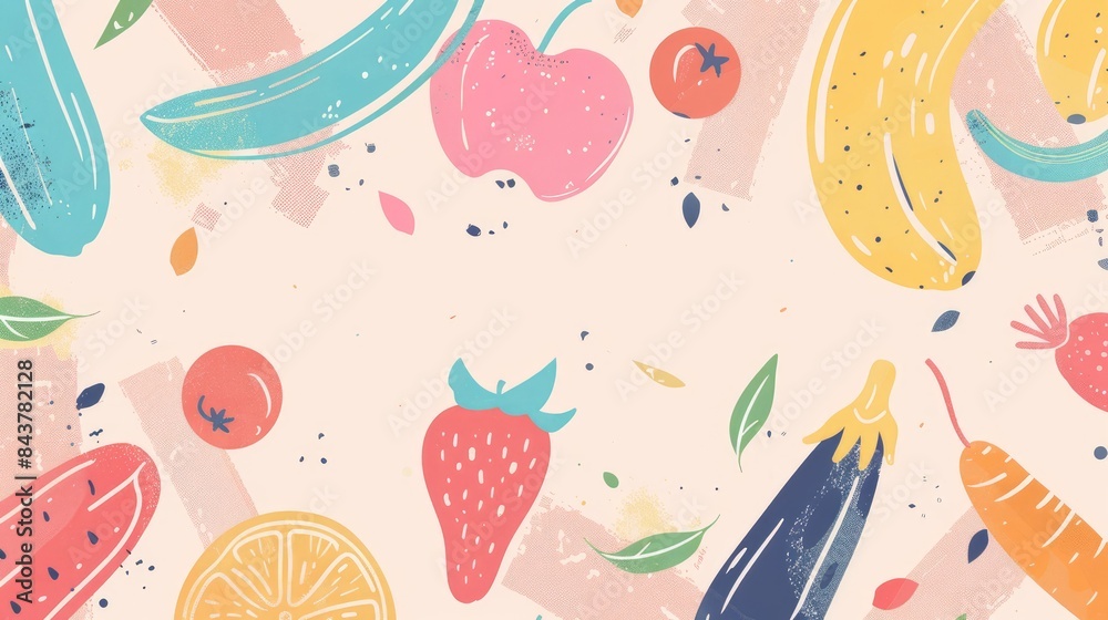 Vibrant drawings of fruits and veggies on a pastel backdrop, offering a whimsical space for adding text elements. Vibrant drawings of fruits and veggies on a pastel backdrop, offering a whimsical space for adding text elements.