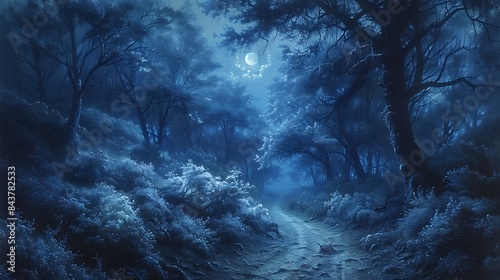 Moonlight illuminating a quiet forest path