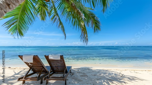 Peaceful Beachfront Retreat with Cozy Chairs and Flowing Towels Under Swaying Palm Tree