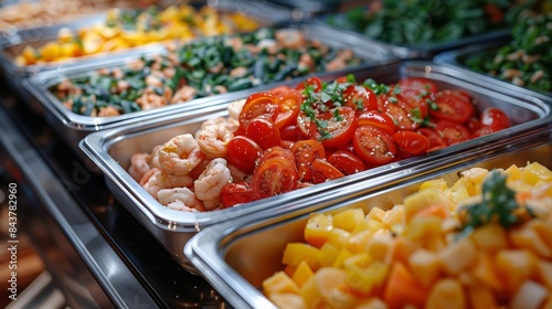 A vibrant array of salads and fresh shrimp presented in a buffet setting for selection photo