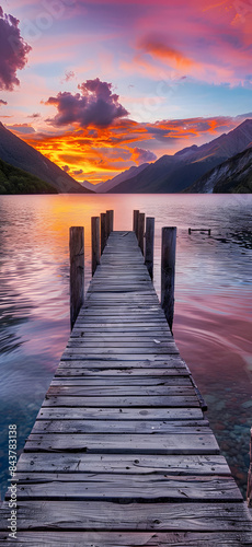 Wooden dock on a lake at sunset with mountains and sunset sky colors in the background. Inner freedom, serenity and tranquil mind concept.