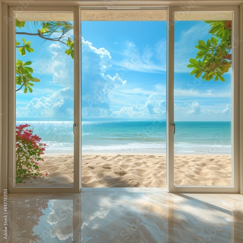 beautiful home interior space with black living room wooden floor with ocean seaside blue sky sea sand beach summer freshness travel season window view house design tropical style,