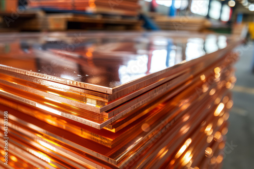 Wallpaper Mural A stack of polished copper sheets reflecting light in a warehouse setting, showcasing their smooth and shiny surfaces.. AI generated. Torontodigital.ca