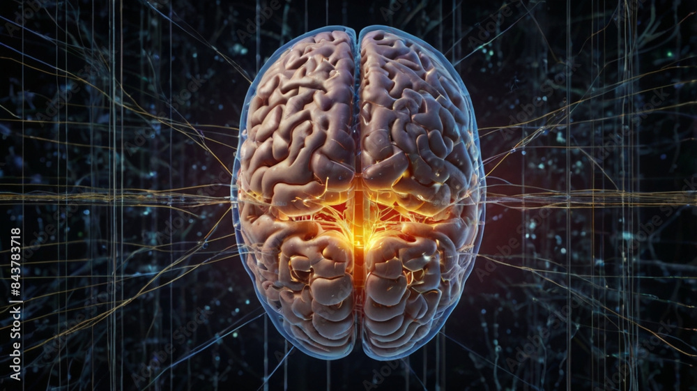 Digital human brain visualization with neural network background Digital human brain visualization with neural network background