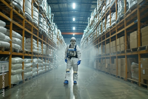Intense Pest Control Measures: Expert in Hazmat Suit Disinfecting Large Warehouse for Safety