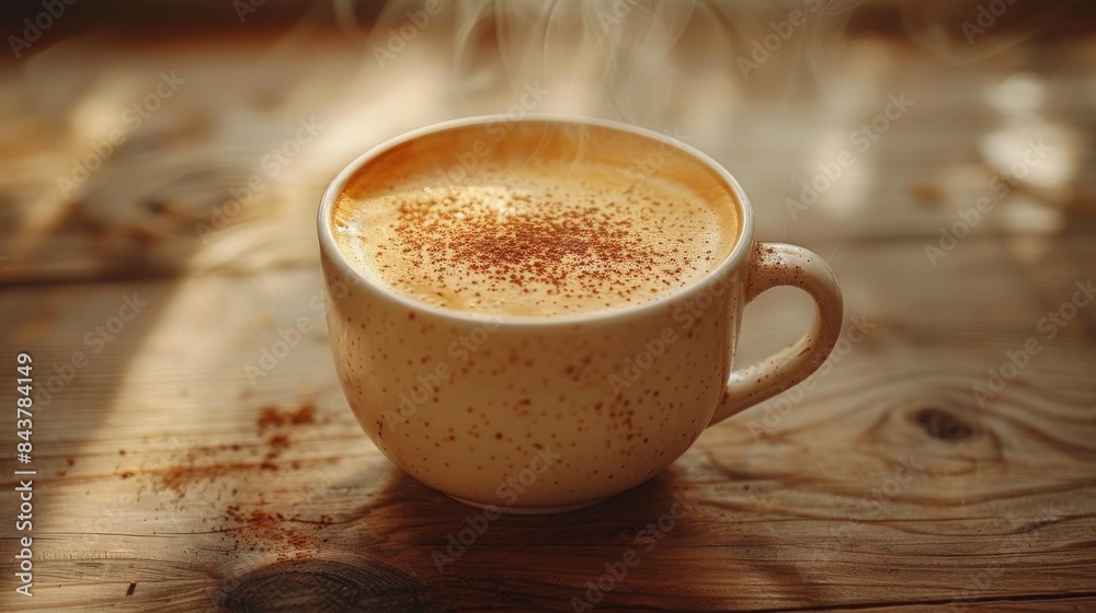 Cozy image of a steaming coffee cup with a sprinkle of cinnamon on a wooden surface Cozy image of a steaming coffee cup with a sprinkle of cinnamon on a wooden surface