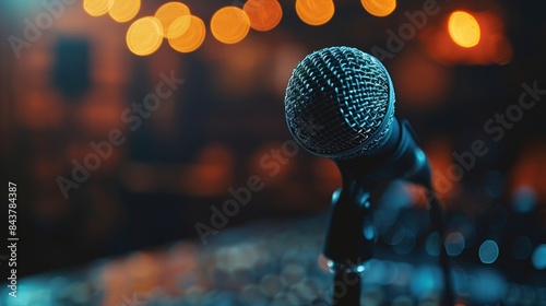 Focused image of a single microphone on a stand with a blurred background of stage lights, symbolizing performance