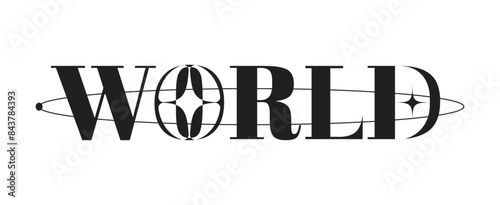 Black Bold Futuristic Style World Typography with Blinking Orbit, Y2K Style Illustraiton