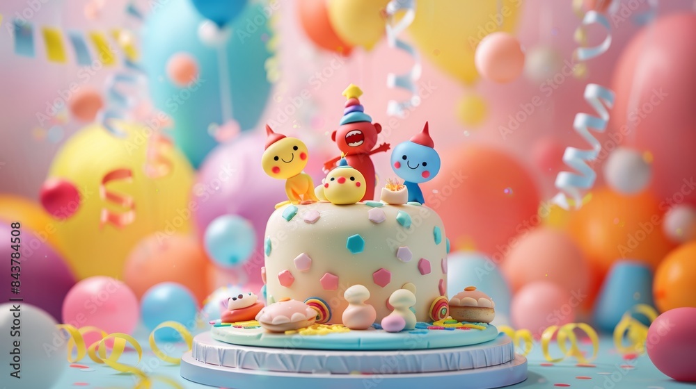 Colorful Birthday Cake with Cartoon Characters and Balloons for Children's Party Celebrations Colorful Birthday Cake with Cartoon Characters and Balloons for Children's Party Celebrations